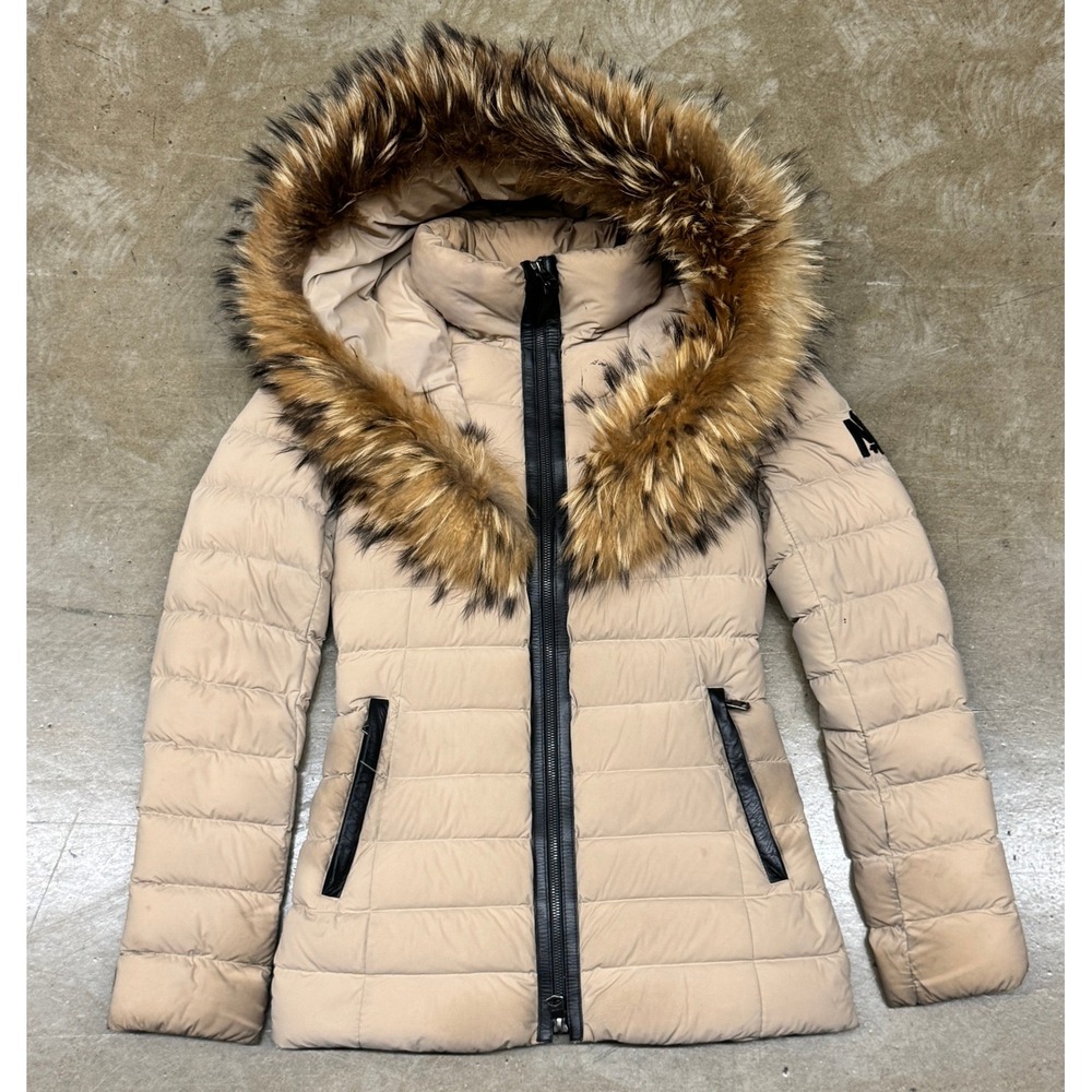 Mackage Kadalina Light Down Jacket Sand Beige Fur Hood Leather Trim Women XS
